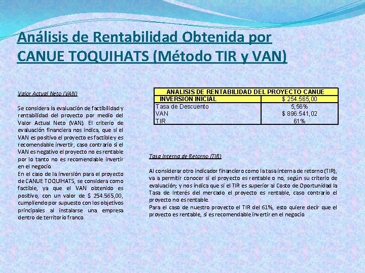 Análisis de Rentabilidad Obtenida por CANUE TOQUIHATS (Método TIR y VAN) Valor Actual Neto