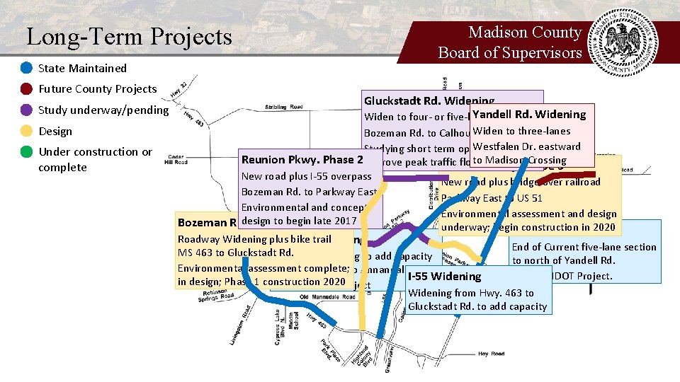 Long-Term Projects State Maintained Future County Projects Study underway/pending Design Under construction or complete