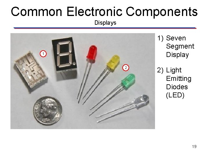 Common Electronic Components Displays 1) Seven Segment Display 1 2 2) Light Emitting Diodes