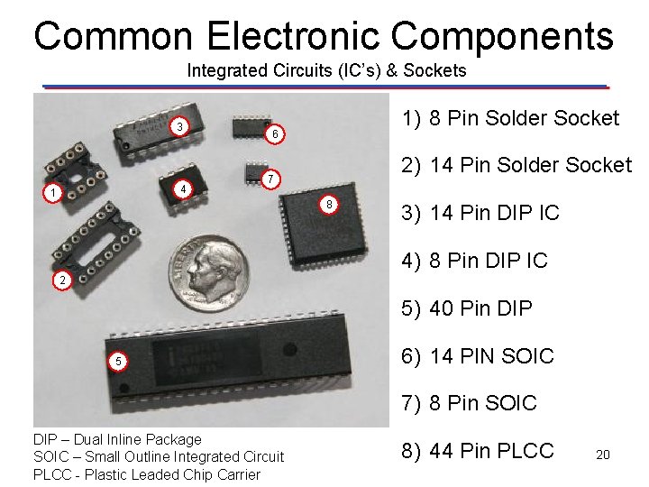 Common Electronic Components Integrated Circuits (IC’s) & Sockets 3 4 1 1) 8 Pin