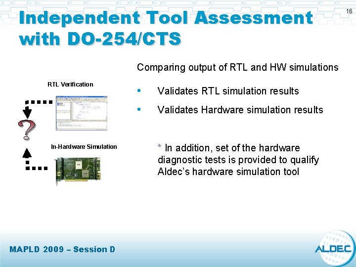Independent Tool Assessment with DO-254/CTS Comparing output of RTL and HW simulations RTL Verification Independent Tool Assessment with DO-254/CTS Comparing output of RTL and HW simulations RTL Verification