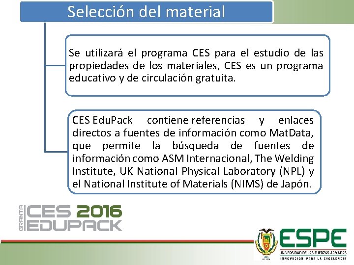 Selección del material Se utilizará el programa CES para el estudio de las propiedades