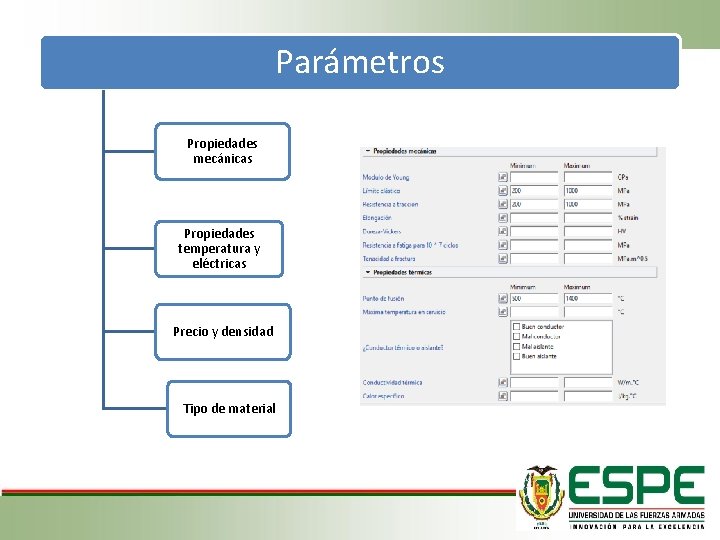 Parámetros Propiedades mecánicas Propiedades temperatura y eléctricas Precio y densidad Tipo de material 