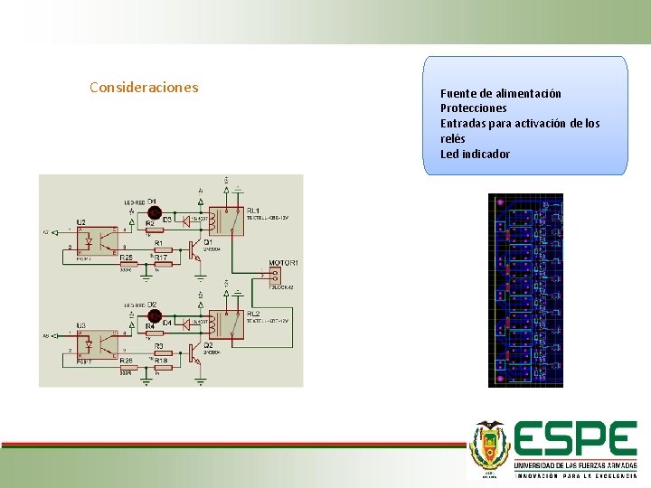 Consideraciones Fuente de alimentación Protecciones Entradas para activación de los relés Led indicador 