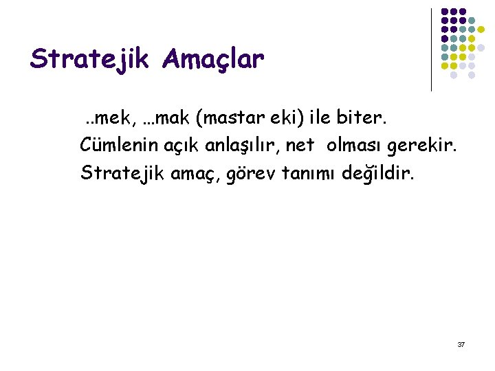 Stratejik Amaçlar . . mek, …mak (mastar eki) ile biter. Cümlenin açık anlaşılır, net