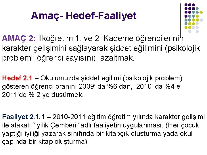 Amaç- Hedef-Faaliyet AMAÇ 2: İlköğretim 1. ve 2. Kademe öğrencilerinin karakter gelişimini sağlayarak şiddet