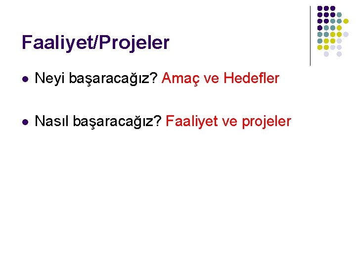 Faaliyet/Projeler l Neyi başaracağız? Amaç ve Hedefler l Nasıl başaracağız? Faaliyet ve projeler 