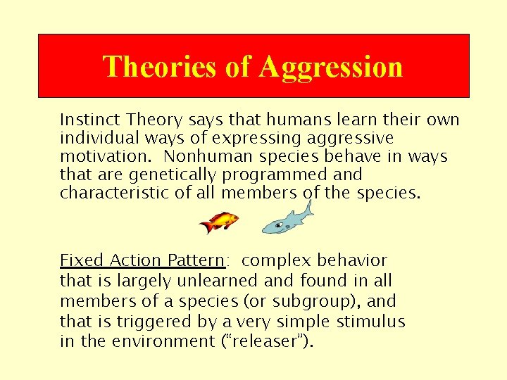 Theories of Aggression Instinct Theory says that humans learn their own individual ways of