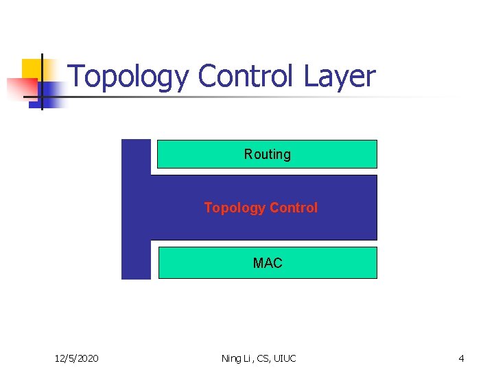 Topology Control Layer Routing Topology Control MAC 12/5/2020 Ning Li, CS, UIUC 4 