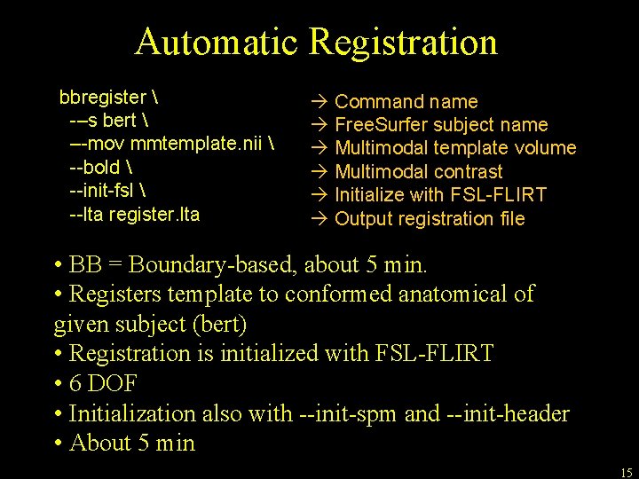 Automatic Registration bbregister  -–s bert  –-mov mmtemplate. nii  --bold  --init-fsl