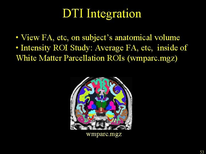 DTI Integration • View FA, etc, on subject’s anatomical volume • Intensity ROI Study: