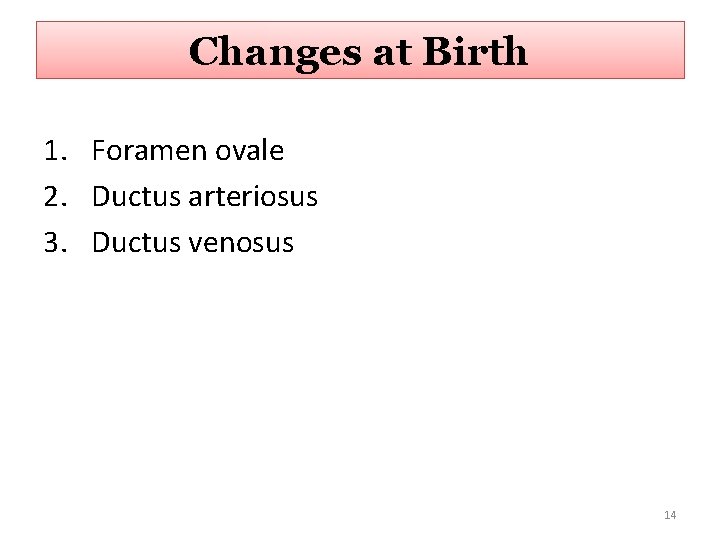 Changes at Birth 1. Foramen ovale 2. Ductus arteriosus 3. Ductus venosus 14 