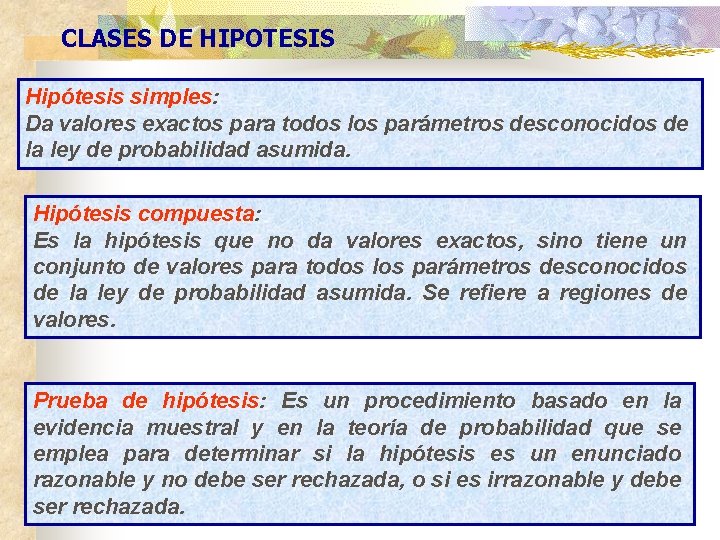 CLASES DE HIPOTESIS Hipótesis simples: Da valores exactos para todos los parámetros desconocidos de