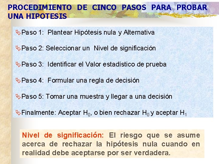 PROCEDIMIENTO DE CINCO PASOS PARA PROBAR UNA HIPOTESIS ÄPaso 1: Plantear Hipótesis nula y