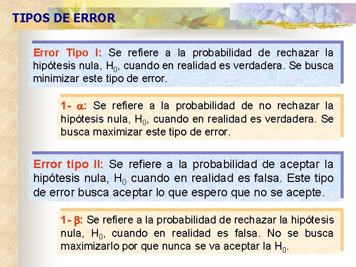 TIPOS DE ERROR Error Tipo I: Se refiere a la probabilidad de rechazar la