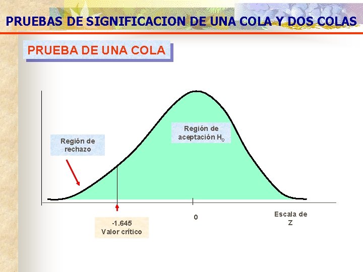 PRUEBAS DE SIGNIFICACION DE UNA COLA Y DOS COLAS PRUEBA DE UNA COLA Región