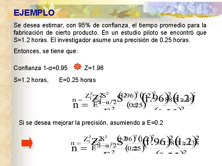 EJEMPLO Se desea estimar, con 95% de confianza, el tiempo promedio para la fabricación