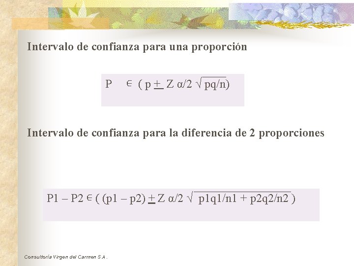 Intervalo de confianza para una proporción P ∊ ( p + Z α/2 √