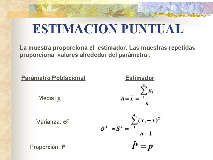 ESTIMACION PUNTUAL La muestra proporciona el estimador. Las muestras repetidas proporciona valores alrededor del