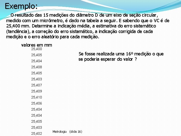 Exemplo: O resultado das 15 medições do diâmetro D de um eixo de seção