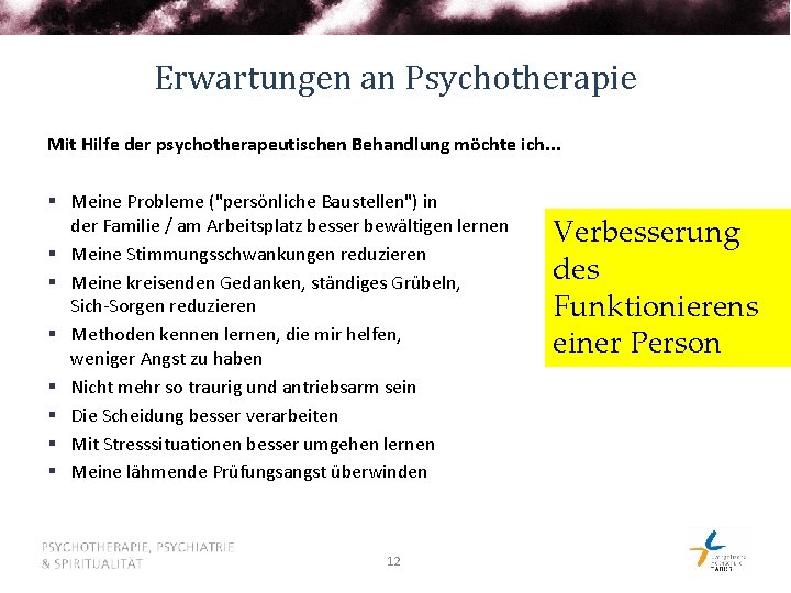 Erwartungen an Psychotherapie Mit Hilfe der psychotherapeutischen Behandlung möchte ich. . . § Meine