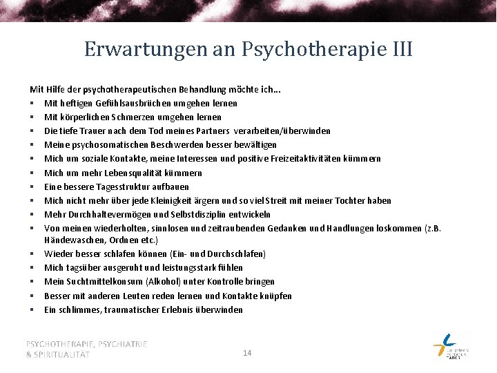 Erwartungen an Psychotherapie III Mit Hilfe der psychotherapeutischen Behandlung möchte ich. . . §