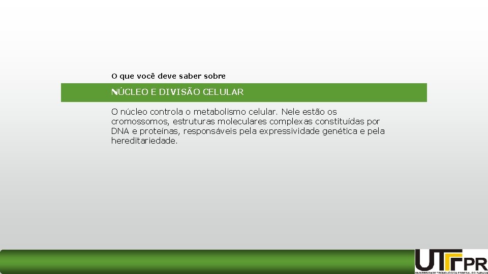 O que você deve saber sobre NÚCLEO E DIVISÃO CELULAR O núcleo controla o