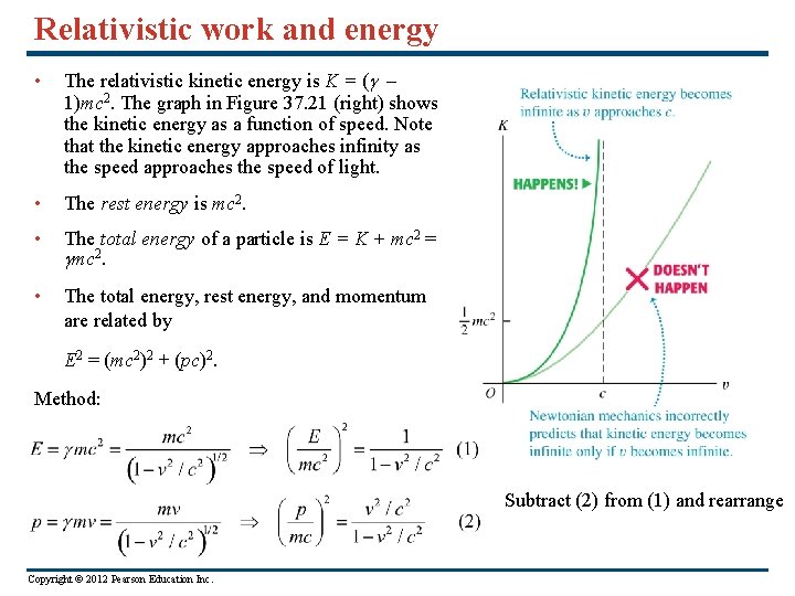 Relativistic work and energy • The relativistic kinetic energy is K = ( –