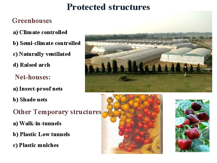 Protected structures Greenhouses a) Climate controlled b) Semi-climate controlled c) Naturally ventilated d) Raised