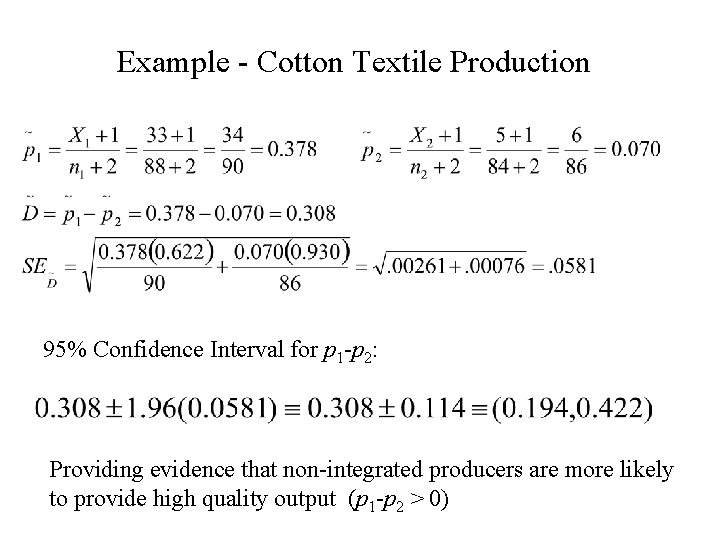 Example - Cotton Textile Production 95% Confidence Interval for p 1 -p 2: Providing