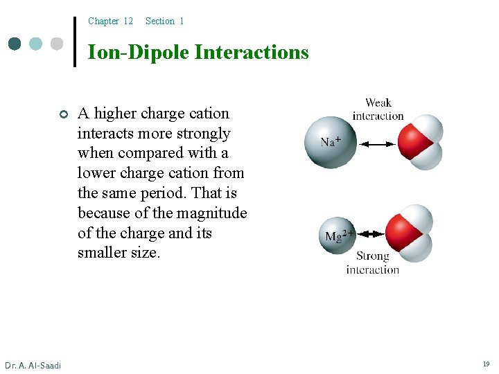 Chapter 12 Section 1 Ion-Dipole Interactions ¢ Dr. A. Al-Saadi A higher charge cation