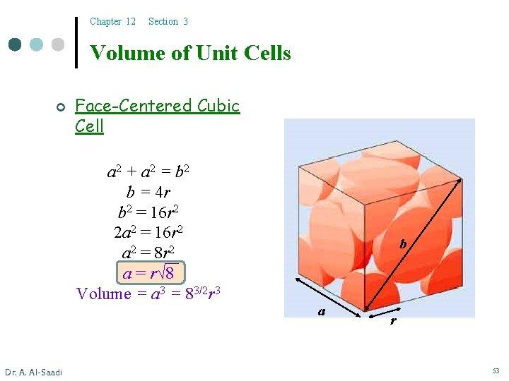 Chapter 12 Section 3 Volume of Unit Cells ¢ Face-Centered Cubic Cell a 2