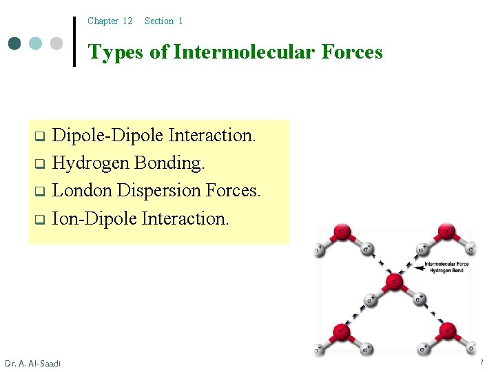 Chapter 12 Section 1 Types of Intermolecular Forces q q Dipole-Dipole Interaction. Hydrogen Bonding.