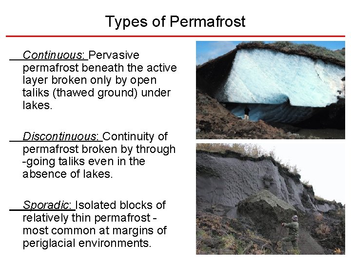 Types of Permafrost Continuous: Pervasive permafrost beneath the active layer broken only by open