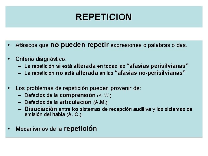 REPETICION • Afásicos que no pueden repetir expresiones o palabras oídas. • Criterio diagnóstico: