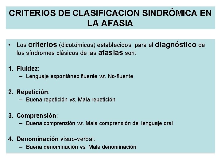 CRITERIOS DE CLASIFICACION SINDRÓMICA EN LA AFASIA • Los criterios (dicotómicos) establecidos para el