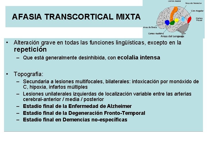 AFASIA TRANSCORTICAL MIXTA • Alteración grave en todas las funciones lingüísticas, excepto en la