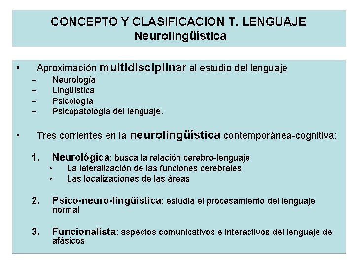 CONCEPTO Y CLASIFICACION T. LENGUAJE Neurolingüística Aproximación multidisciplinar al estudio del lenguaje • –