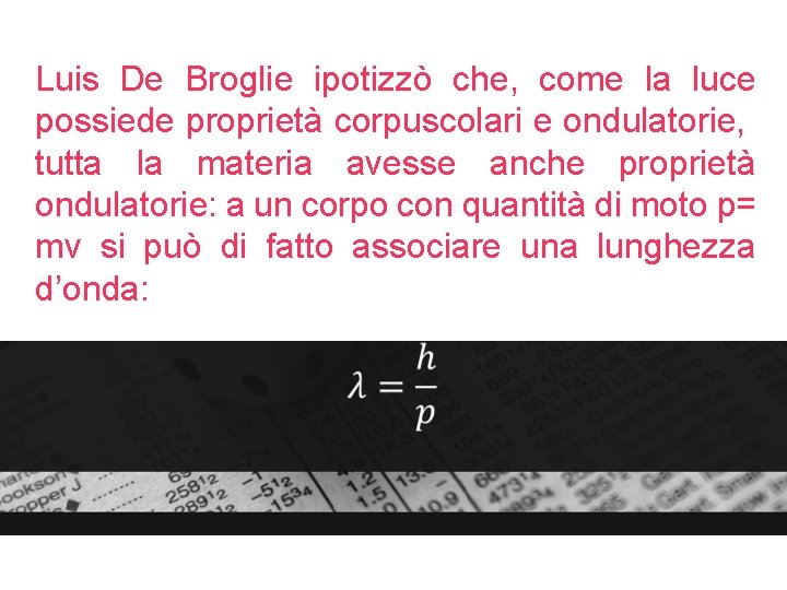 Luis De Broglie ipotizzò che, come la luce possiede proprietà corpuscolari e ondulatorie, tutta