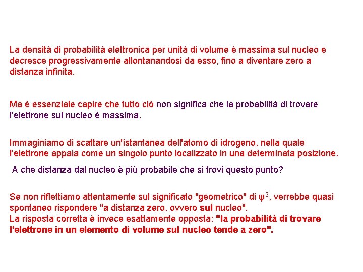 La densità di probabilità elettronica per unità di volume è massima sul nucleo e