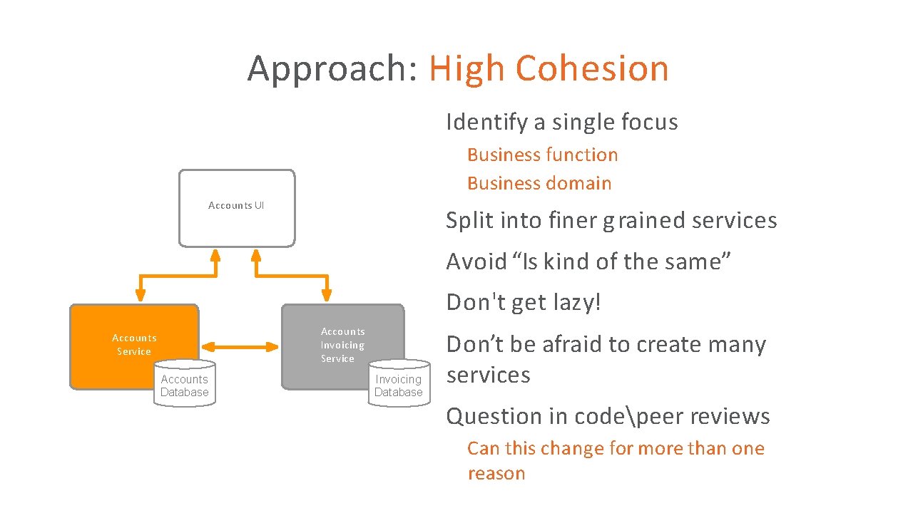 Approach: High Cohesion Identify a single focus • Business function Business domain • •