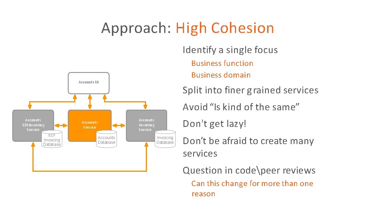 Approach: High Cohesion Identify a single focus • Business function Business domain • •