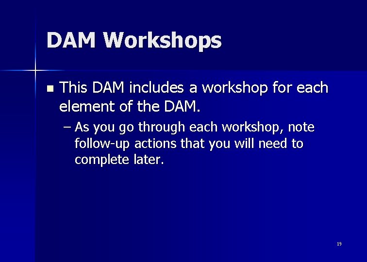DAM Workshops n This DAM includes a workshop for each element of the DAM.