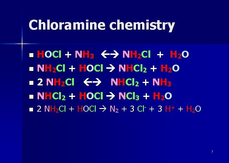 Chloramine chemistry HOCl + NH 3 NH 2 Cl + H 2 O n