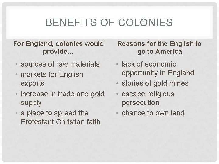 BENEFITS OF COLONIES For England, colonies would provide… • sources of raw materials •