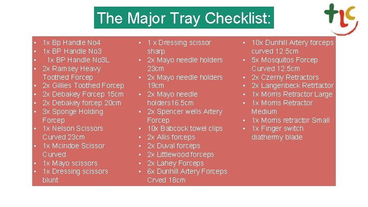 The Major Tray Checklist: • 1 x Bp Handle No 4 • 1 x