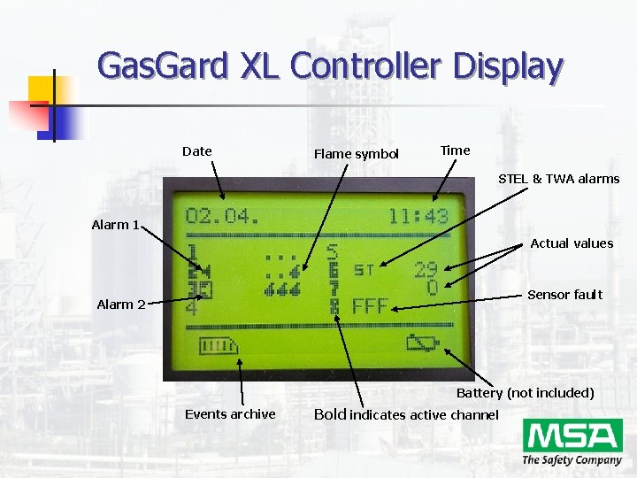 Gas. Gard XL Controller Display Date Flame symbol Time STEL & TWA alarms Alarm Gas. Gard XL Controller Display Date Flame symbol Time STEL & TWA alarms Alarm