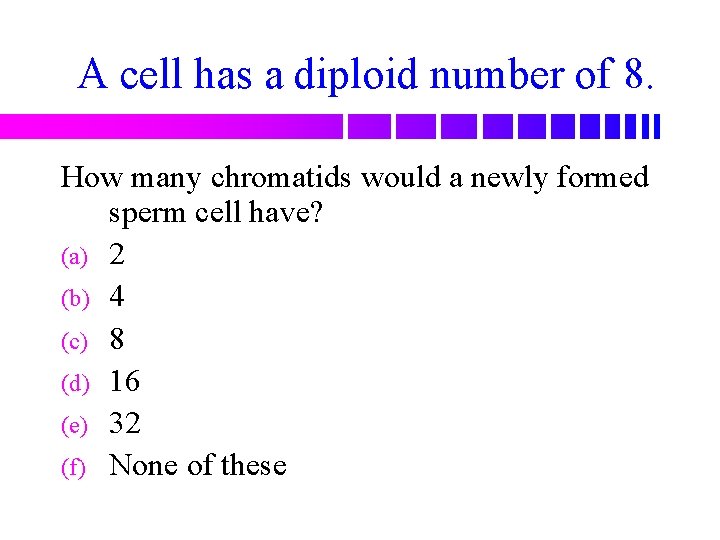 A cell has a diploid number of 8. How many chromatids would a newly