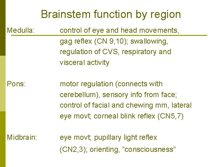 Brainstem function by region Medulla: control of eye and head movements, gag reflex (CN