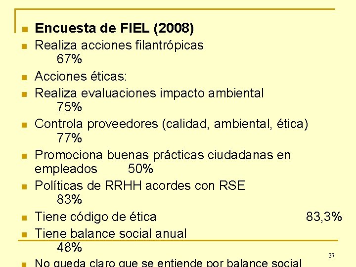 n Encuesta de FIEL (2008) n Realiza acciones filantrópicas 67% Acciones éticas: Realiza evaluaciones